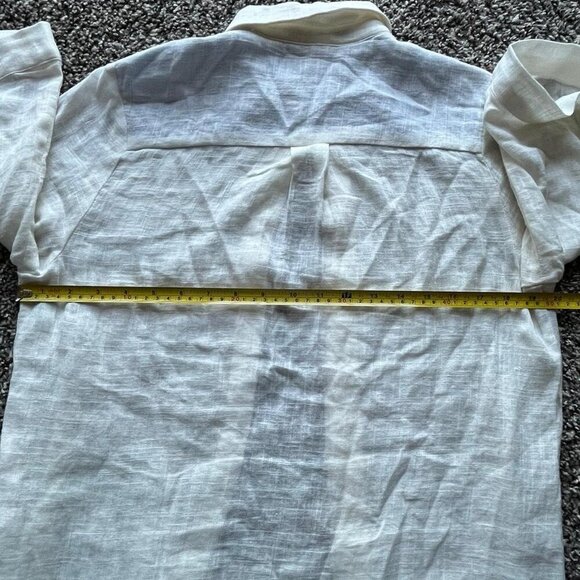 White Cream Linen Shirt with Tie-Cuff Sleeves, Small Laju Button-up Shirt - Picture 7 of 8